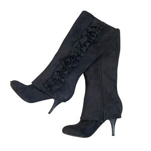 Black Suede Ruffled Knee High Boots sz 9 Stiletto Heel Fergalicious Party Favor
